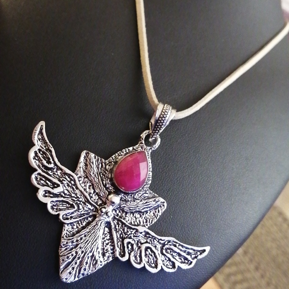 Boho Style Angel With Wings Faceted Ruby Stone Ethnic pendant On New Suede Cord